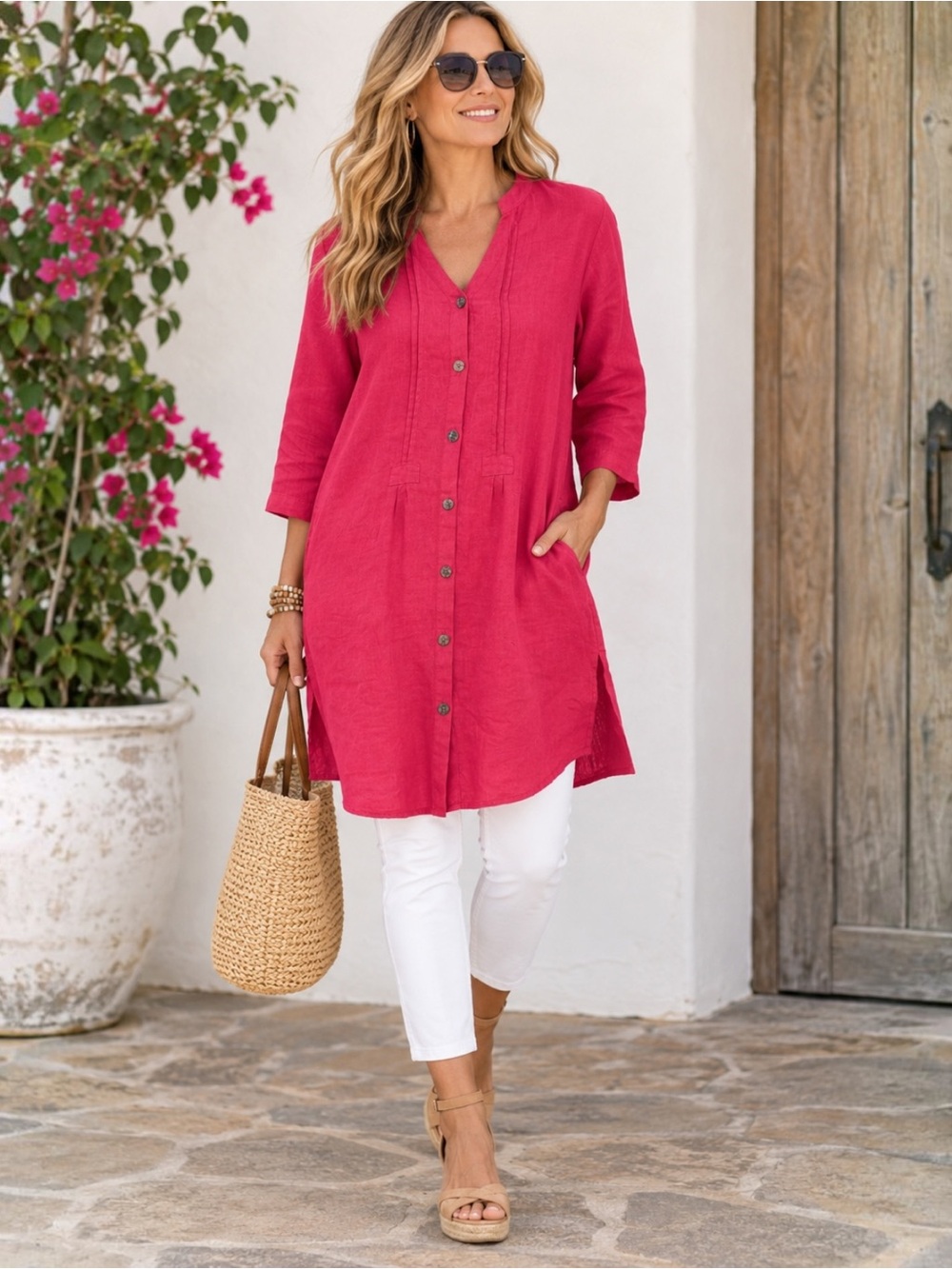 CLICK Color Me Cotton Linen Long Tunic Top XL Pink Button Front Made USA NWT